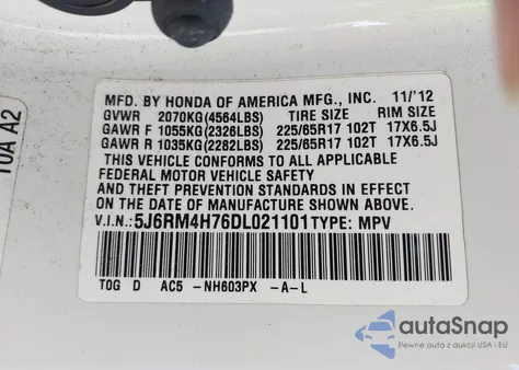 2013 Honda Cr-V Ex-L from USA, damaged, VIN 5J6RM4H76DL021101